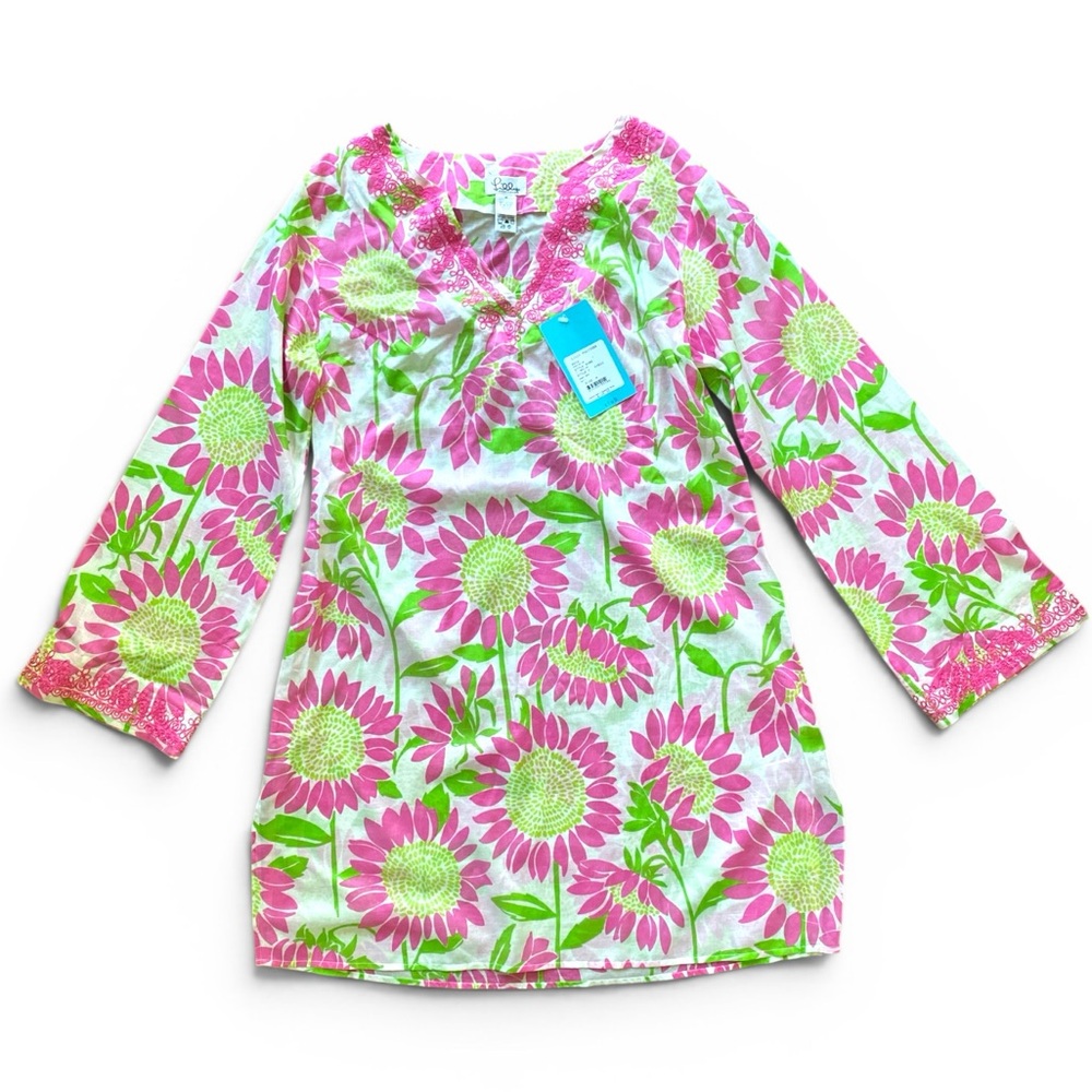 NWT Lilly Pulitzer Pink Cotton Floral Print Caftan Coverup Dress M St Tropez